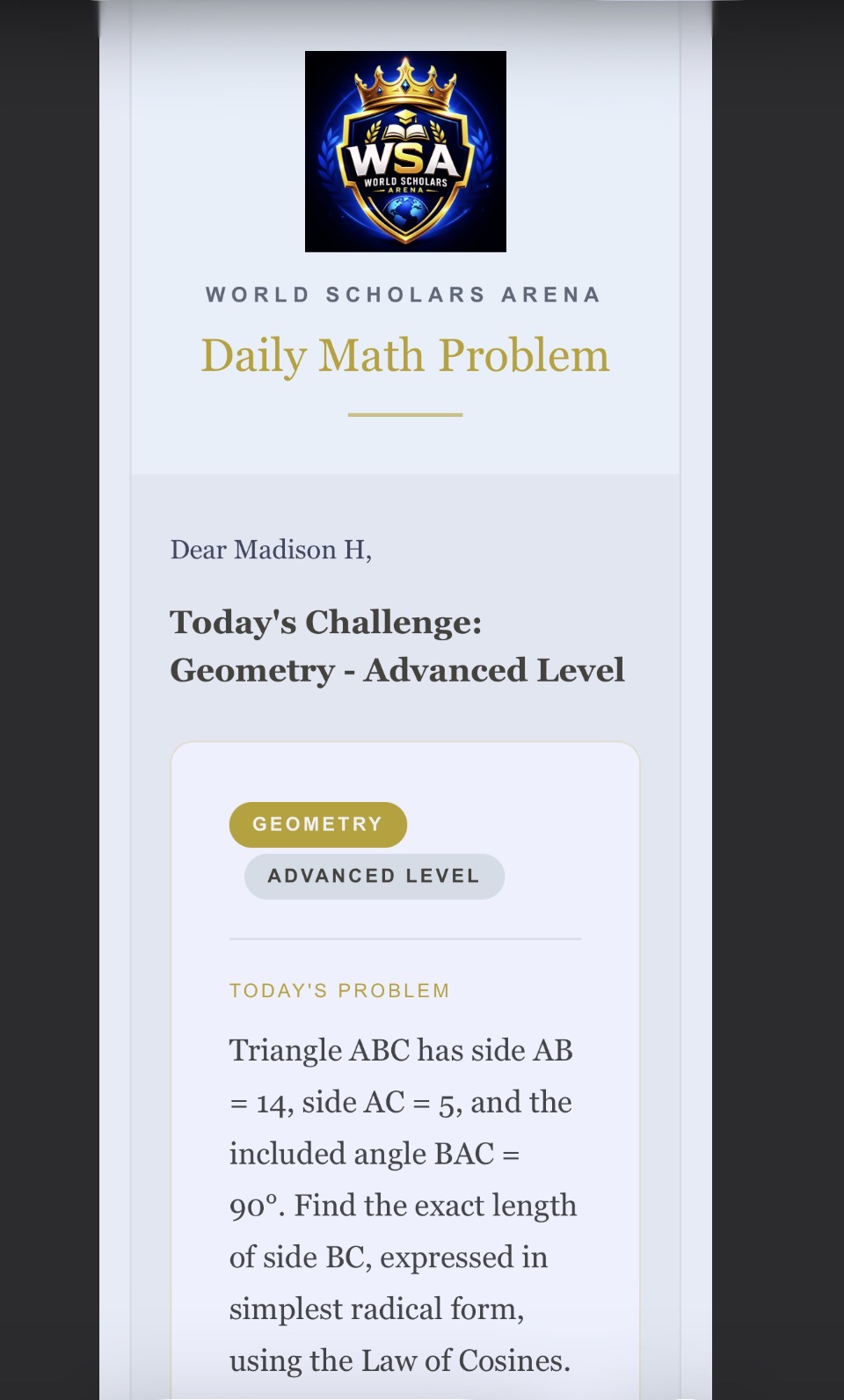 World Scholars Arena Daily Math Problem artwork