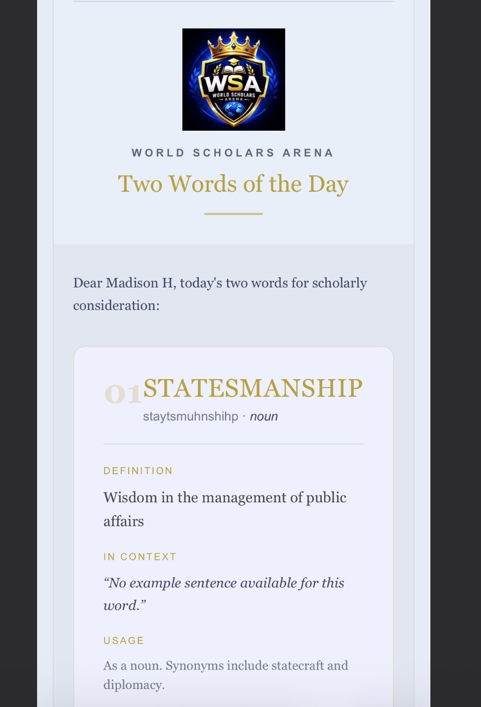 World Scholars Arena Two Words of the Day artwork